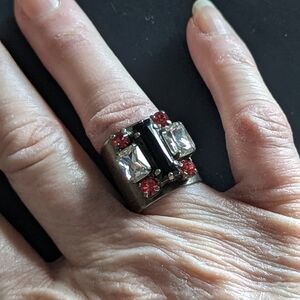 Sorrelli Black, Clear & Red Wide Band Cocktail Ring